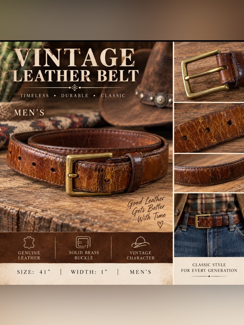 Vintages - Distressed- Cognac Brown Leather Men's Belt with Brass Buckle